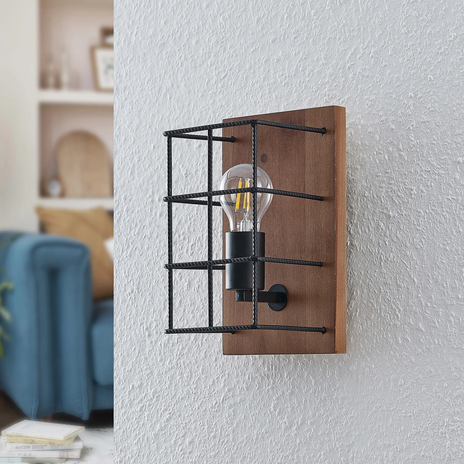 Lindby Mireille Käfig-Wandlampe Mit Holz, 1-fl. 4 Lindby Mireille Käfig-Wandlampe Mit Holz, 1-fl. – Bild 2