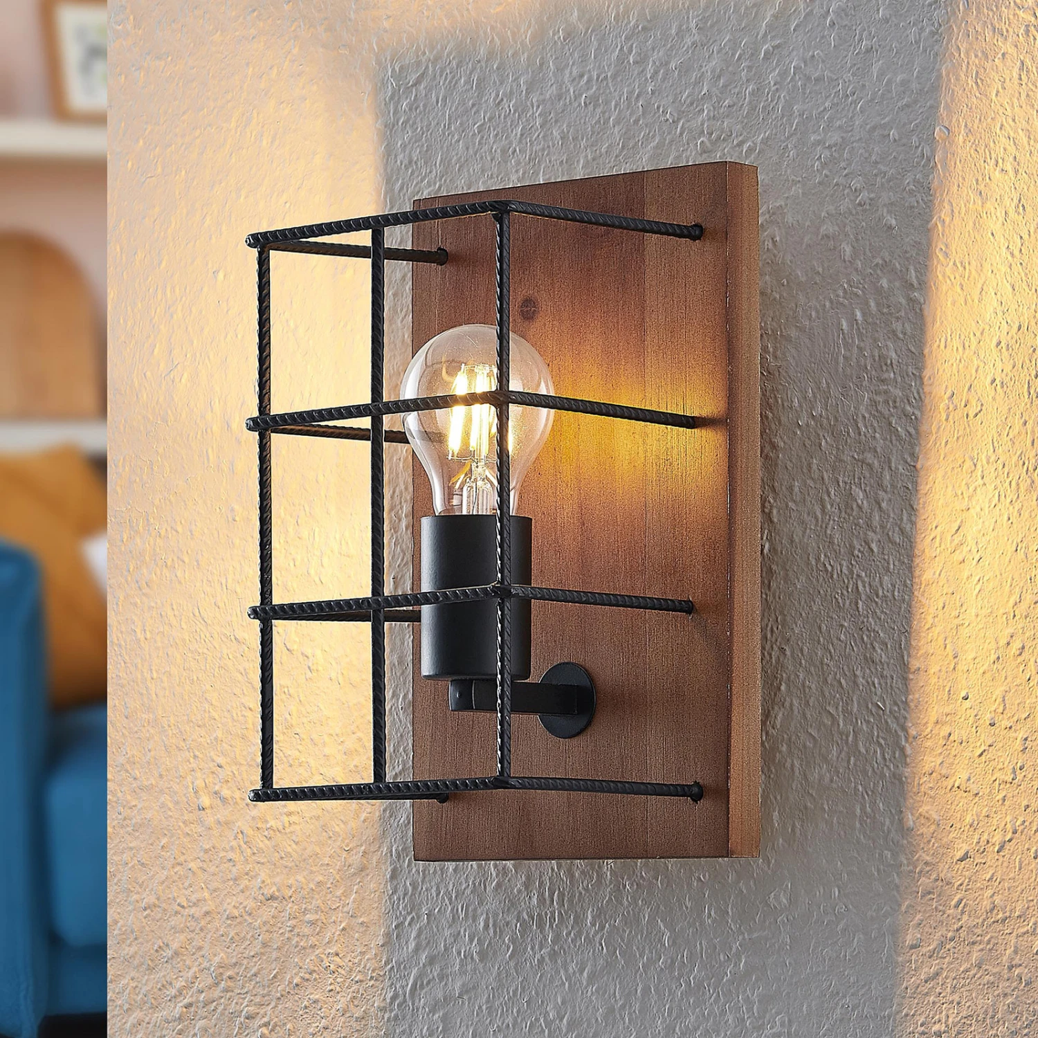 Lindby Mireille Käfig-Wandlampe Mit Holz, 1-fl. 3 Lindby Mireille Käfig-Wandlampe Mit Holz, 1-fl.